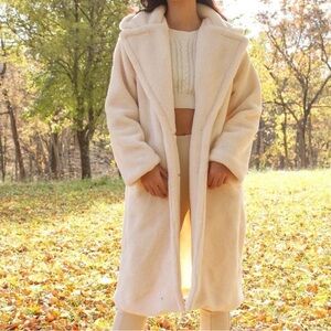 Halston Heritage Cream Teddy Hooded Long Coat